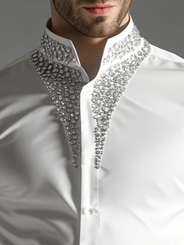 Mandarin Collar Formal Shirt Slim Fit - Роскошная мужская рубашка со стразами, воротником-стойкой,