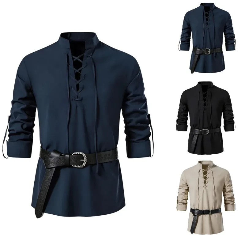 Medieval Gothic Lace Up Pirate Shirt - Мужская средневековая рубашка в стиле викингов