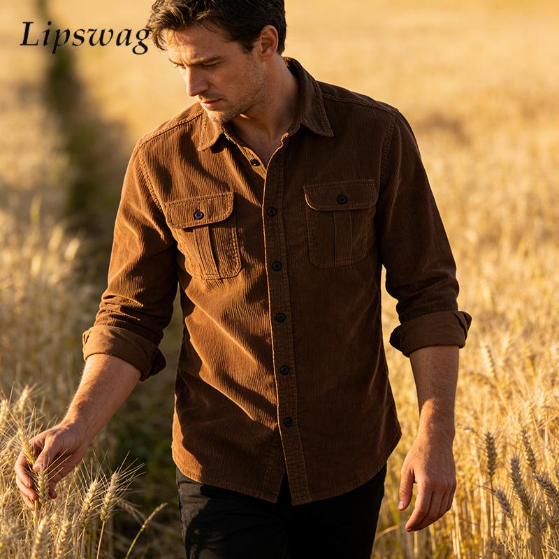 Винтажные однотонные вельветов – обзор и цена Corduroy Button Up Shirt Men