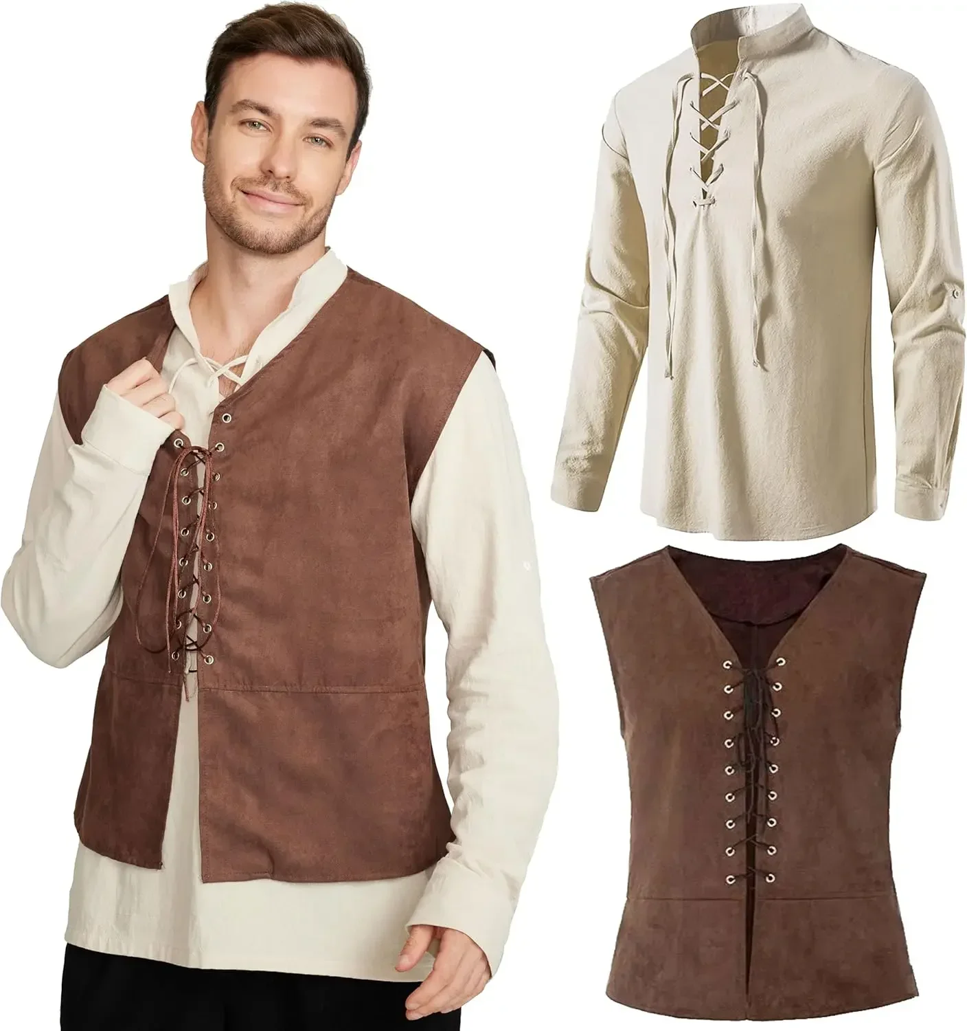 Комплект из 2 предметов: мужск – обзор и цена Medieval Gothic Lace Up Pirate Shirt