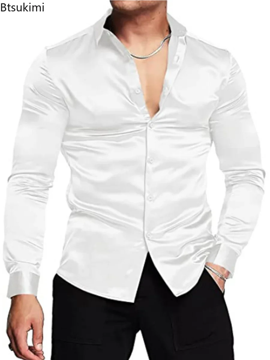 Новинка 2026, мужская роскошна – обзор и цена Mens Satin Silk Dress Shirt